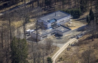 Aerial view, construction site renovation Jagdhaus No. 11, Schmallenberg, Sauerland, North