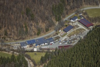 Aerial view, Mountains and valleys Waidmannsruh, Sawmill Gebr. Coal, Schmallenberg, Sauerland,