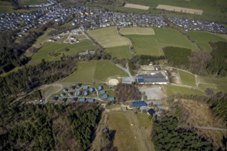 Aerial view, mountain village LiebesGrün and youth hostel, Schmallenberg, Sauerland, North
