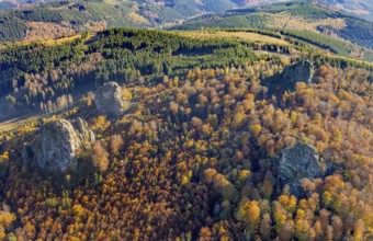 Aerial view, autumn forest and Bruchhauser Steine in the district Bruchhausen in Olsberg,