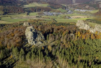 Aerial view, autumn forest and Bruchhauser Steine in the district Bruchhausen in Olsberg,