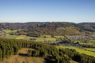Aerial view, autumn forest and Bruchhauser Steine in the district Bruchhausen in Olsberg,