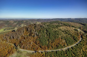 Aerial view, autumn forest and Bruchhauser Steine in the district Bruchhausen in Olsberg,