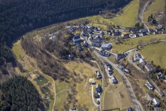Aerial view, nature reserve Rehhecke, parish church St. Hubertus Nordenau and view of Nordenau,