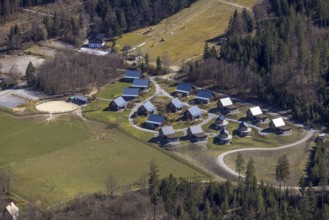Aerial view, mountain village LiebesGrün, Schmallenberg, Sauerland, North Rhine-Westphalia,