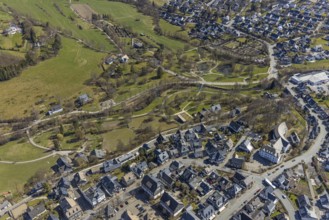 Aerial view, Town Hall, spa garden and New Cemetery, Schmallenberg, Sauerland, North