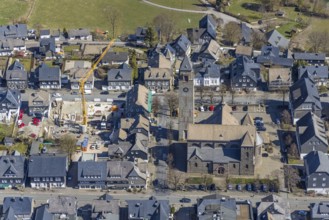 Aerial view, St.-Alexander-Kirche, construction site and new building on Oststraße, Schmallenberg,