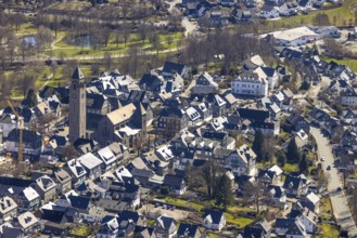 Aerial view, housing estate Weststraße and Oststraße Parallele, St.-Alexander-Kirche, town hall,