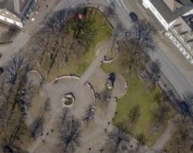 Aerial view, Schützenplatz with fountain, Schmallenberg, Sauerland, North Rhine-Westphalia,