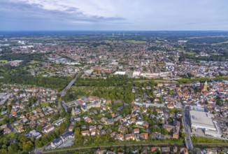 Aerial view, view of the town and the catholic church St. Antonius-Basilika in Rheine-Stadt in