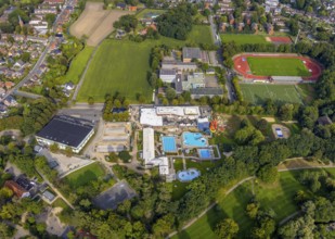 Aerial view, construction site and new construction of an indoor swimming pool at the Rheine