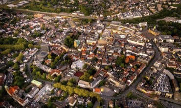 Aerial view, old town with Kaiserwall, Palais Vest shopping centre, town hall, catholic