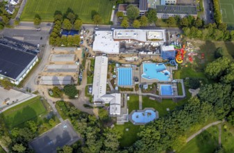 Aerial view, construction site and new construction of an indoor swimming pool at the Rheine
