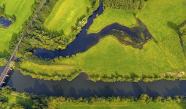 Aerial view, river Ems in the nature reserve Emsaue at the district Gellendorf in Rheine,