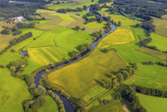 Aerial view, river Ems in the nature reserve Emsaue at the district Gellendorf in Rheine,