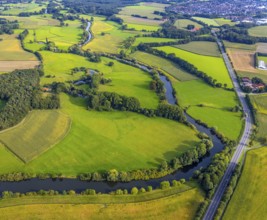 Aerial view, river Ems in the nature reserve Emsaue at the district Gellendorf in Rheine,