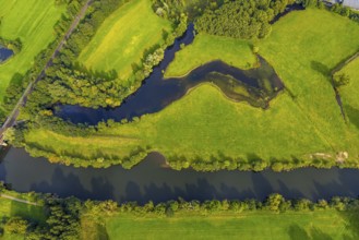 Aerial view, river Ems in the nature reserve Emsaue at the district Gellendorf in Rheine,