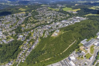 Aerial view, industrial estate Westfälische Straße, municipal cemetery, Olpe town, Olpe, Sauerland,