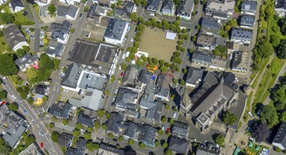 Aerial view, St. Martinus Church, town wall with angel tower, market square and town centre, Olpe