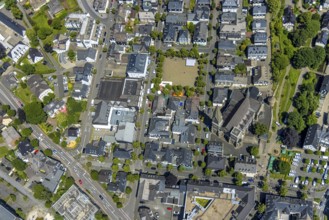 Aerial view, St. Martinus Church, town wall with angel tower, market square and town centre, Olpe