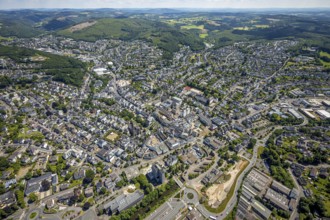 Aerial view, city centre view, town hall, St. Martinus Church, Olpe city, Olpe, Sauerland, North