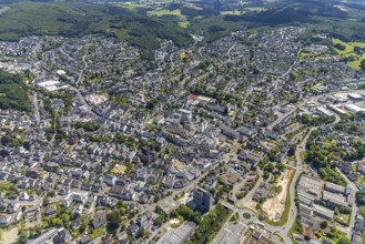 Aerial view, city centre view, town hall, St. Martinus Church, Olpe city, Olpe, Sauerland, North