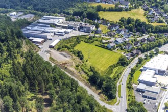 Aerial view, commercial area Im Grüntal, Dahl, Olpe, Sauerland, North Rhine-Westphalia, Germany,