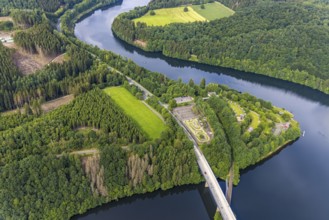 Aerial view, Biggesee, Bigge Elements leisure centre, rowing club RC Biggesee, Olpe town, Olpe,
