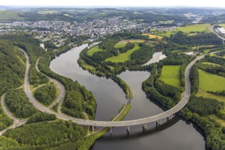 Aerial view, Biggesee, Obersee with bridge Landesstraße L512, bridge Bundesstraße B54, Olpe-Stadt,