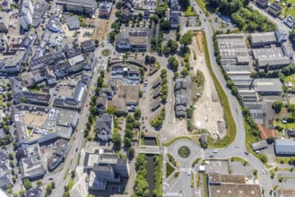 Aerial view, city centre, town hall and city archive, car park Alter Bahnhof, Olpe city, Olpe,