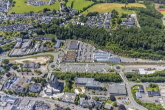 Aerial view, city centre, town hall and city archive, Olpe railway and bus station, car park Alter