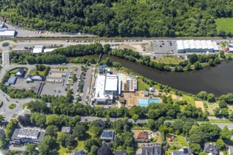 Aerial view, Olpe leisure pool, Olpe town, Olpe, Obersee, Sauerland, North Rhine-Westphalia,