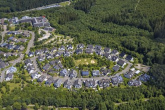 Aerial view, oval housing estate Kimicker Berg, children's playground in town centre,