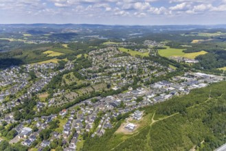 Aerial view, industrial estate Westfälische Straße, municipal cemetery, Olpe town, Olpe, Sauerland,