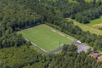 Aerial view, sports field Lütringhausen, Stachelau, Olpe, Sauerland, North Rhine-Westphalia,