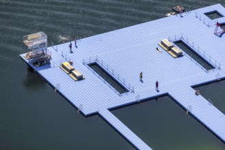 Aerial view, Biggesee, Camping Biggesee - Vier Jahreszeiten, bathers on pontoon, Sondern, Olpe,