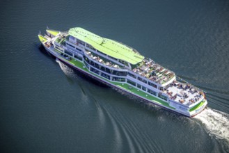 Aerial view, Biggesee, passenger navigation with the excursion boat Westfalen, sun deck, Sondern,