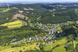 Aerial view, forest area with view of Rehringhausen, Olpe, Sauerland, North Rhine-Westphalia,