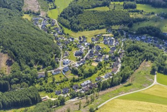 Aerial view, forest area with local view Rehringhausen, Olpe, Sauerland, North Rhine-Westphalia,