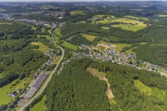 Aerial view, industrial area Stachelauer Hütte, Siegener Straße and local view Stachelau, Olpe,