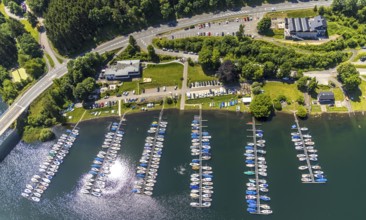 Aerial view, Biggesee, Camping Biggesee - Vier Jahreszeiten, sailboats, boat landing stage, Rhode,