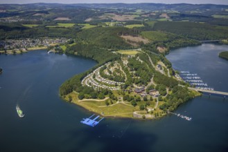 Aerial view, Biggesee, Camping Biggesee - Vier Jahreszeiten, pontoon, passenger navigation with the