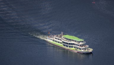 Aerial view, Biggesee, passenger navigation with the excursion boat Westfalen, Rhode, Olpe,
