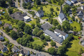 Aerial view, catholic primary school Franz-Hitze-Schule, church St. Cyriakus, Rhode, Olpe,