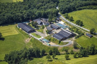 Aerial view, Hof Siele with farm shop, Stachelau, Olpe, Sauerland, North Rhine-Westphalia, Germany,