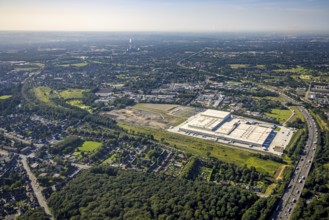 Aerial view, Edeka central warehouse Oberhausen with fallow land and Sterkrade colliery in the