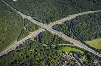 Aerial view, motorway junction Oberhausen with A2 and A3 in the district Königshardt in Oberhausen,