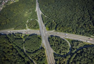 Aerial view, motorway junction Oberhausen with A2 and A3 in the district Königshardt in Oberhausen,