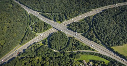 Aerial view, motorway junction Oberhausen with A2 and A3 in the district Königshardt in Oberhausen,