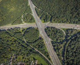 Aerial view, motorway junction Oberhausen with A2 and A3 in the district Königshardt in Oberhausen,